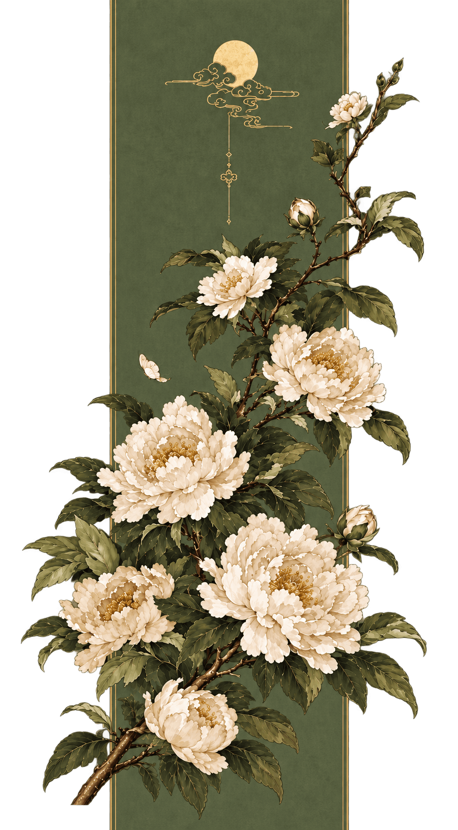 White peonies and a full moon painted on a dark green panel